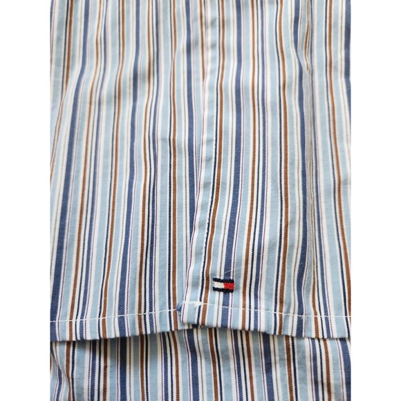 Tommy Hilfiger 80s 2 Ply Fabric Button Up Shirt Blue Brown White Stripe Sz L EUC - Picture 3 of 9